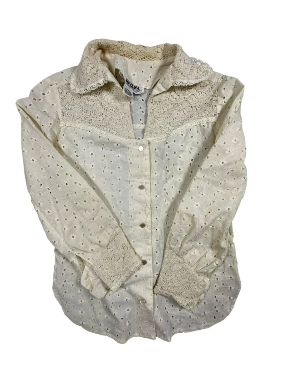 Joyana Womens Ivory Lace Eyelet Button-Up Long Sleeve Blouse Vintage - Picture 2 of 8